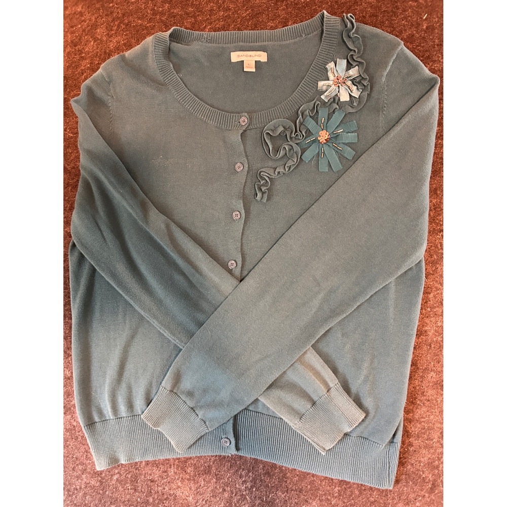 Bandolino Womens Teal Blue Ruffle Floral Beaded‎ Button Front Cardigan Sweater L